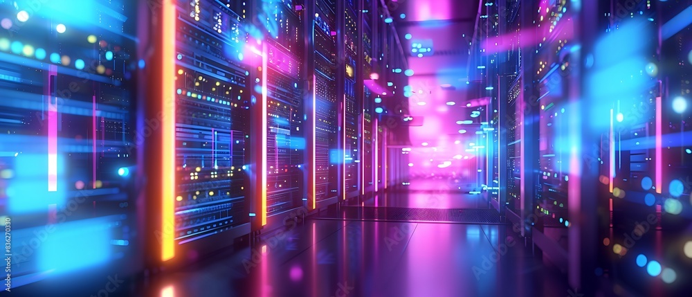 High-Tech Data Center with Neon Blue and Magenta Lit Server Racks High-Tech Data Center with Neon Blue and Magenta Lit Server Racks
