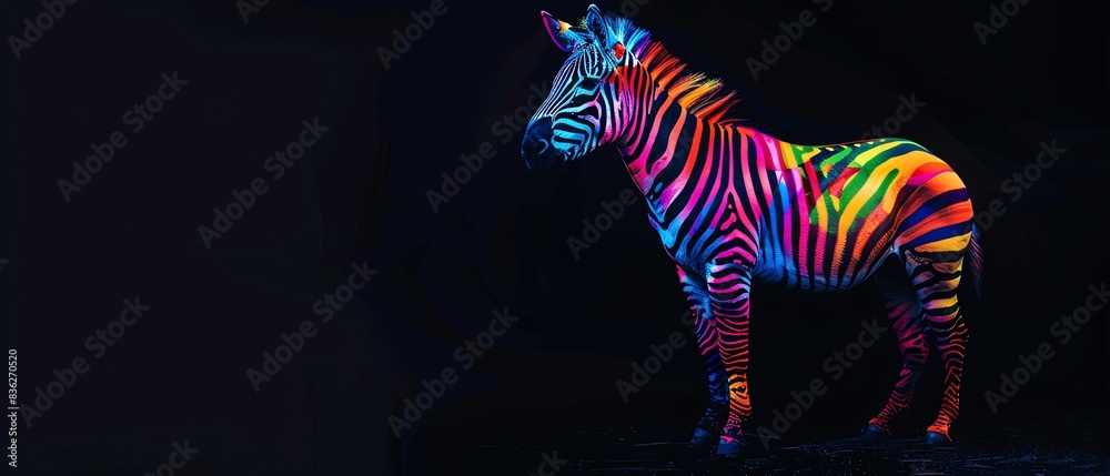 Fototapeta premium Rainbow Zebra covered in rainbow fire apron, Striped rainbow zebra standing out in the darkness, representing LGBTQIA individuality