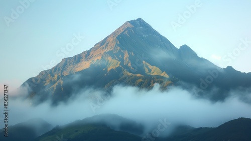 A mountain peak in early morning light symbolizes accomplishment and tranquility, capturing nature's serene beauty.