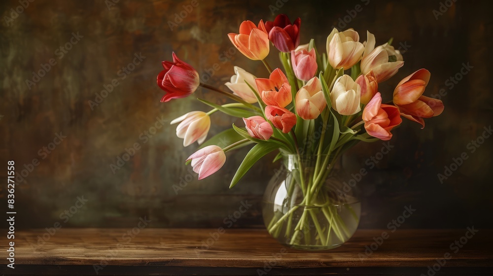 A bouquet of freshly cut tulips arranged in a glass vase, perfect for a springtime centerpiece
