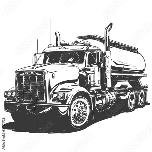 Monochrome Ink Sketch of a Semi-Tanker Truck, High Detail.