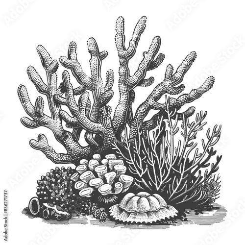 Vintage Coral Reef Illustration: Engraved Sea Life, Monochrome Marine Ecosystem.