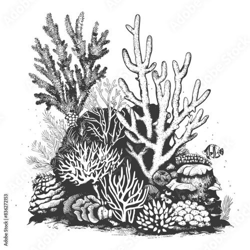 Monochrome Coral Reef Etching: Detailed Pen and Ink Illustration of Marine Life.