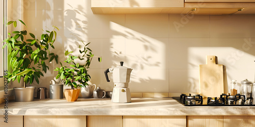 Cocina minimalista y calida con una cafetera moka pot en medio  photo