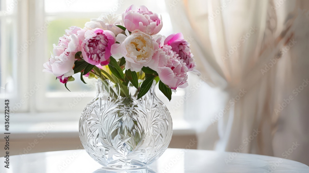 A clear crystal flower vase with an intricate cut design, holding a lush bouquet of peonies. A clear crystal flower vase with an intricate cut design, holding a lush bouquet of peonies.