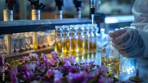 In a lab, a perfumer tests scents for candles and perfumes using blotter paper, essential oil, and fragrance oil in a bottle. photo