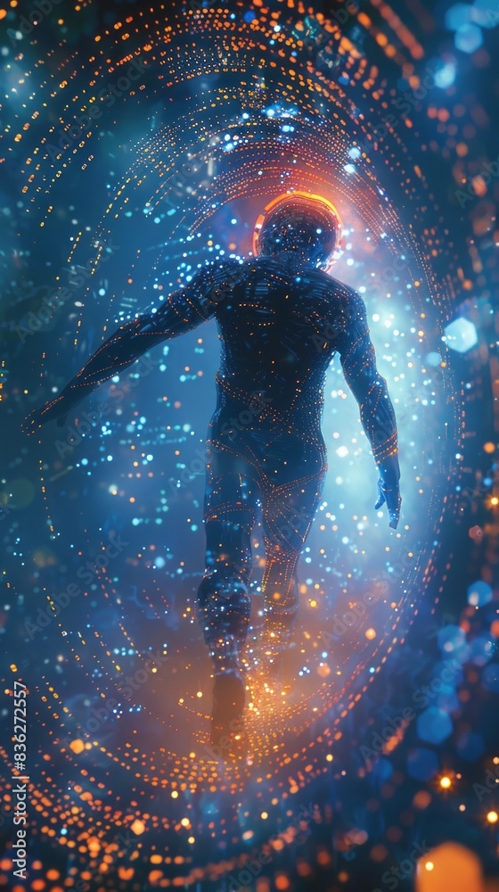 An advanced AI humanoid figure in a sleek metallic body, surrounded by swirling binary code and dynamic fractal patterns, illuminated by contrasting neon lights in a high-tech, cinematic setting