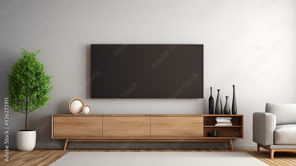 Modern Living Room Interior Design With Black TV Mockup and Wooden Cabinet Modern Living Room Interior Design With Black TV Mockup and Wooden Cabinet