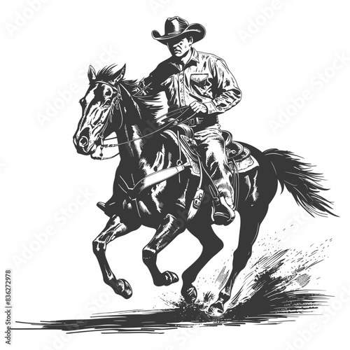 Cowboy Ride: Etched Illustration of Western Rider on Horseback, Galloping, Shadow.
