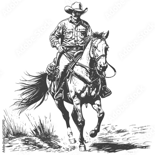 Ink-Drawn Cowboy: Vintage Western Rider on Horseback, Detailed Illustration.