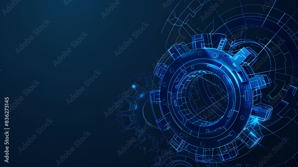 Obraz premium a vector wireframe illustration of a gear on a dark blue background. the gear's intricate design, symbolizing mechanical technology, machine engineering, and project development
