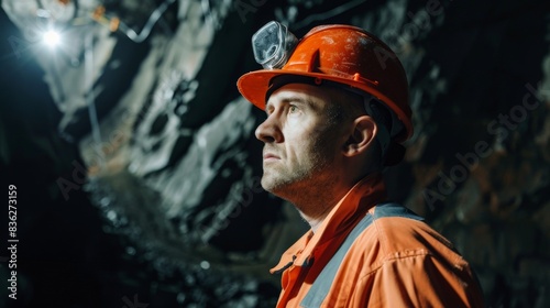 A miner wearing a hard hat and headlamp is working in a dark mine. wear orange.