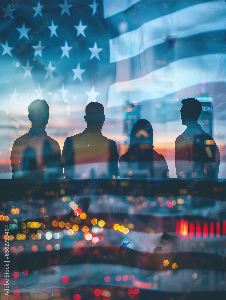 Silhouettes of people against an American flag background with city lights, symbolizing unity, patriotism, and urban life. Silhouettes of people against an American flag background with city lights, symbolizing unity, patriotism, and urban life.