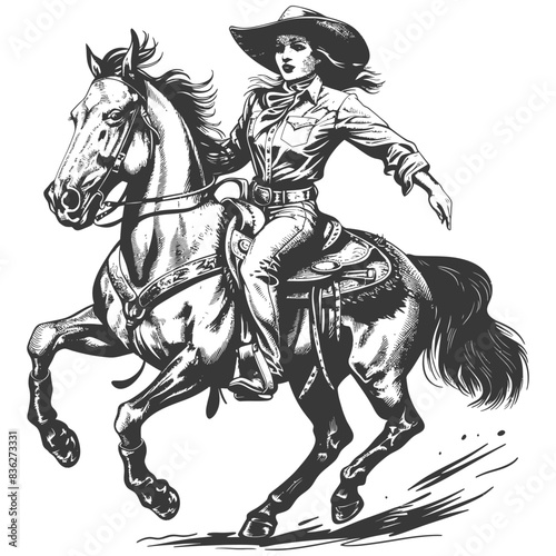 Riding High: Sketch-Style Cowgirl on Prancing Horse, Dramatic Lines, Vintage Western Flair.