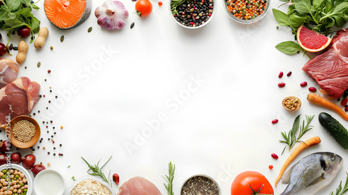 a top view of various superfoods including meat, fish, legumes, nuts, seeds, greens, and vegetables on a white background. © Thunder