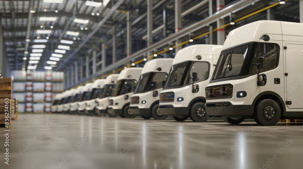 A fleet of electric delivery vans lined up at a warehouse, ready to transport goods sustainably