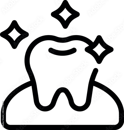 Shiny and sparkling clean tooth icon with minimalist black and white line art illustration for dental hygiene and care concept, perfect for dentist office logo or oral health graphic element