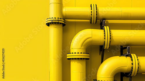 a minimalistic image depicting yellow gas pipes in front of an oil and natural gas storage plant