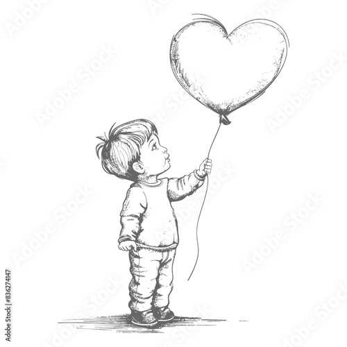 Heart Balloon Dreams: Sketch of a Child Gazing Upwards