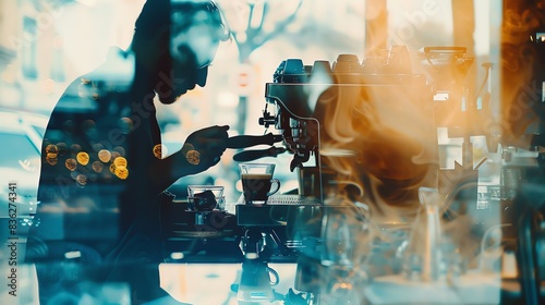 barista making coffee, close up, focus on, clean coffee station, Double exposure silhouette with coffee equipment