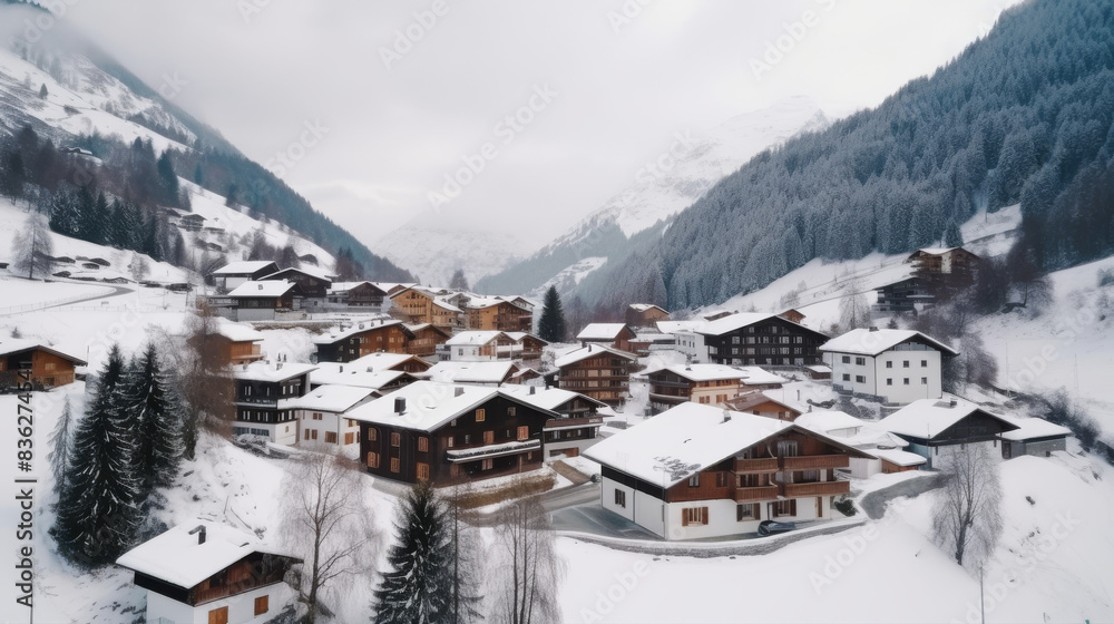 A charming village nestled during the winter season A charming village nestled during the winter season