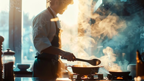chef cooking, close up, focus on, simple kitchen setup, Double exposure silhouette with cooking utensils