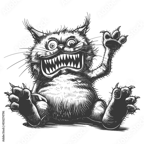 Grotesque Grin: Cartoon Cat Monster with Huge Teeth and Claws, Engraving Style.
