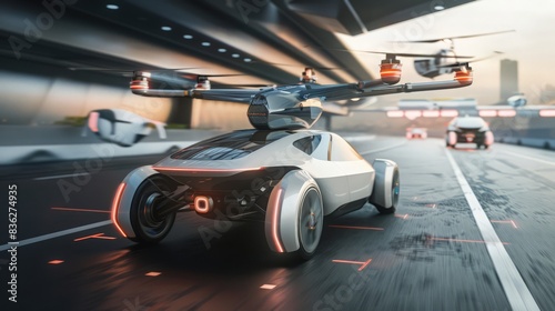 Wallpaper Mural A futuristic car sharing the road with autonomous drones, showcasing a harmonious blend of air and ground transportation. Torontodigital.ca