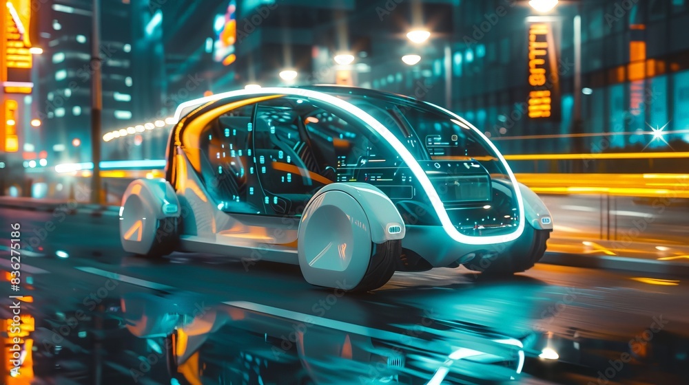 A futuristic commuter car with smart glass technology, providing real-time information and enhanced driving visibility A futuristic commuter car with smart glass technology, providing real-time information and enhanced driving visibility