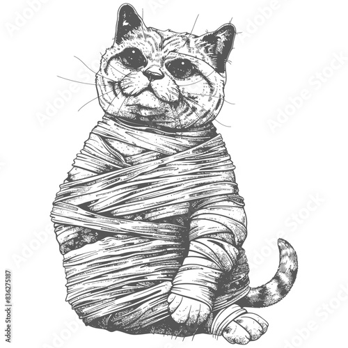 Mummified Cat: Hand-Drawn Ink Illustration, Halloween Pet Costume, Funny Spooky Cartoon.