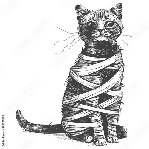 Bandaged Cat Illustration: Whimsical Crosshatching, Pet Care, Isolated.
