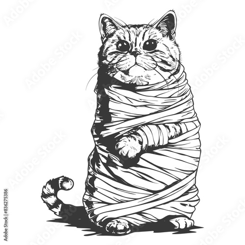 Mummified Cat: Whimsical Line Art, Ancient Egyptian Spoof, Pet Humor.