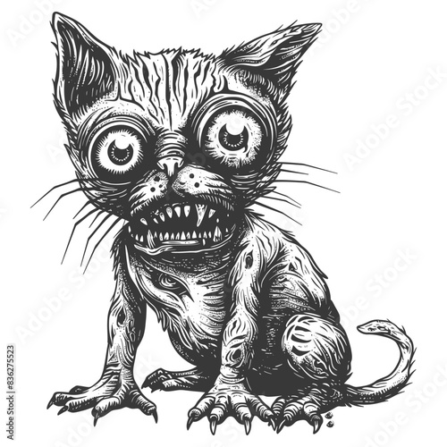 Monstrous Kitten: Grotesque Hand-Drawn Illustration with Bulging Eyes and Sharp Teeth.