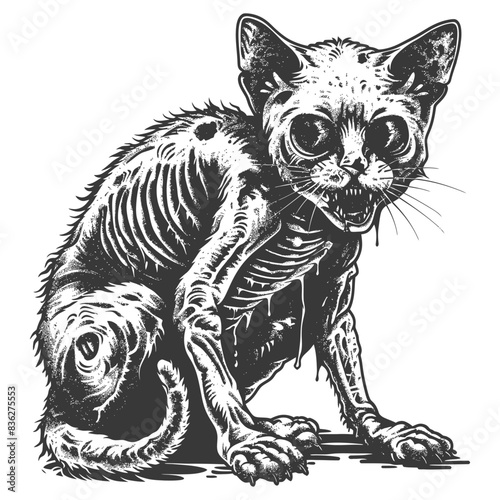 Undead Kitten: Grotesque Grayscale Illustration of a Zombie Cat.