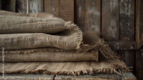A rustic burlap fabric backdrop with coarse texture, perfect for creating a natural and vintageinspired setting © Nathakorn