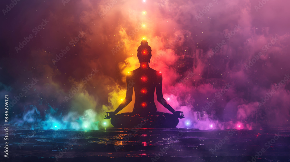 a person sitting in a meditative pose with a colorful abstract background a person sitting in a meditative pose with a colorful abstract background