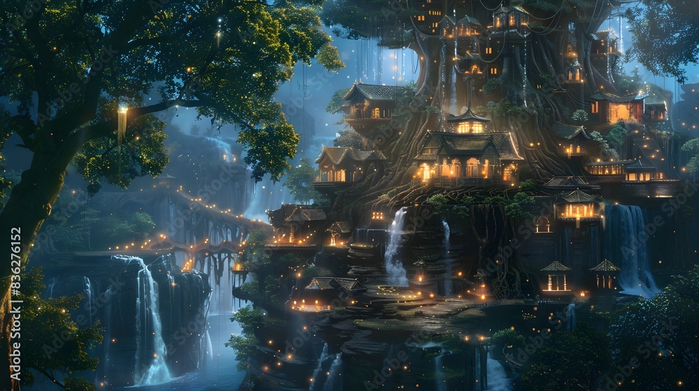 An ancient, mystical city built on giant tree roots An ancient, mystical city built on giant tree roots