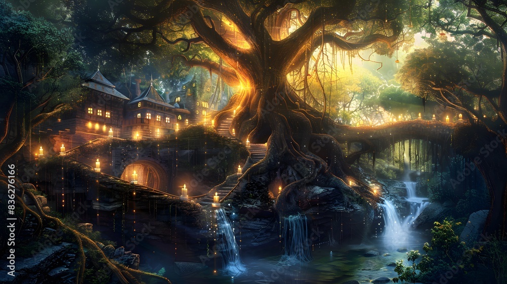 An ancient, mystical city built on giant tree roots An ancient, mystical city built on giant tree roots