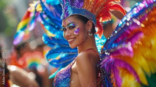 A woman in a colorful costume is smiling and posing for the camera photo