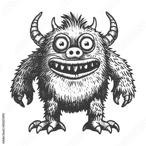 Sketch of a Happy, Furry Monster with Horns and Big Eyes.