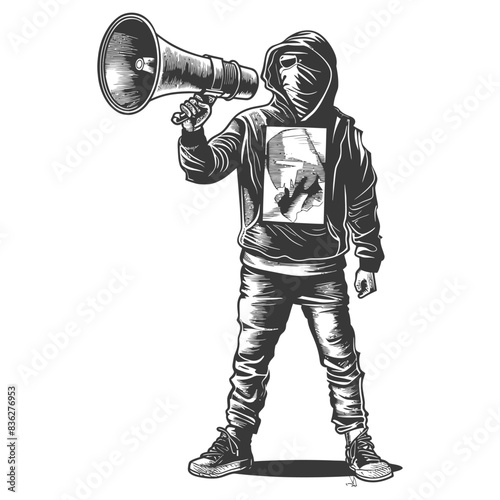 Hooded Protester with Bandana and Megaphone: Engraved Vector Art.