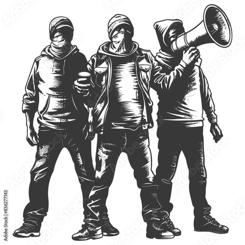 Vector Protestors: Hoodie, Megaphone, Anonymous Group in Monochromatic Style