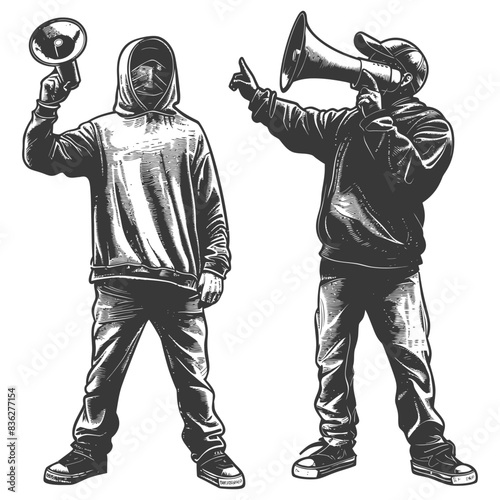 Monochrome Protest: Two Hooded Figures with Megaphones, Engraved Style.