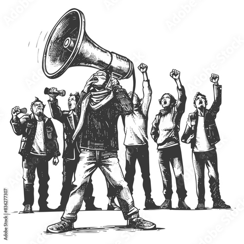 demonstrators holding loudspeaker with engraving style black color only