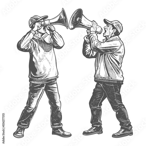 demonstrators holding loudspeaker with engraving style black color only