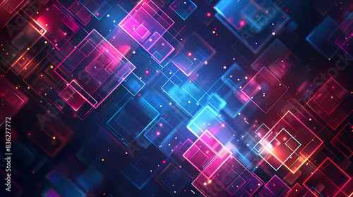 Vibrant neon abstract background with glowing squares and rectangles in blue, pink, and purple hues, creating a dynamic and futuristic atmosphere.