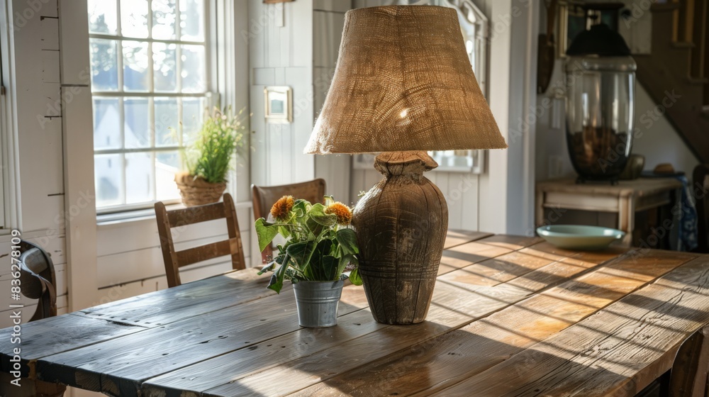 A rustic table lamp with a burlap shade adds a charming, farmhouse feel to the dining area