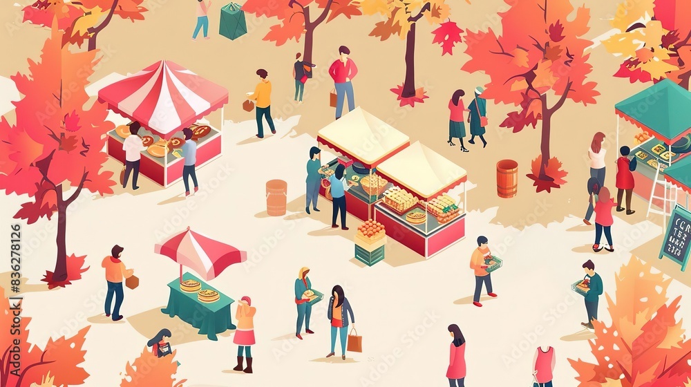 Clean, Isometric illustration of a Canadian food market with vendors selling maple syrup products, symbolizing the popularity of maple syrup in Canada, with space for text