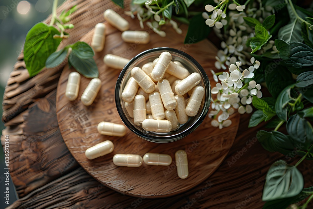 Fototapeta premium A bowl filled with white pills sitting on top of a wooden table