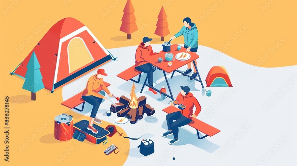 Fototapeta premium Simple, Isometric illustration of a group of friends cooking over a campfire, indicating the camaraderie of outdoor camping, with space for text